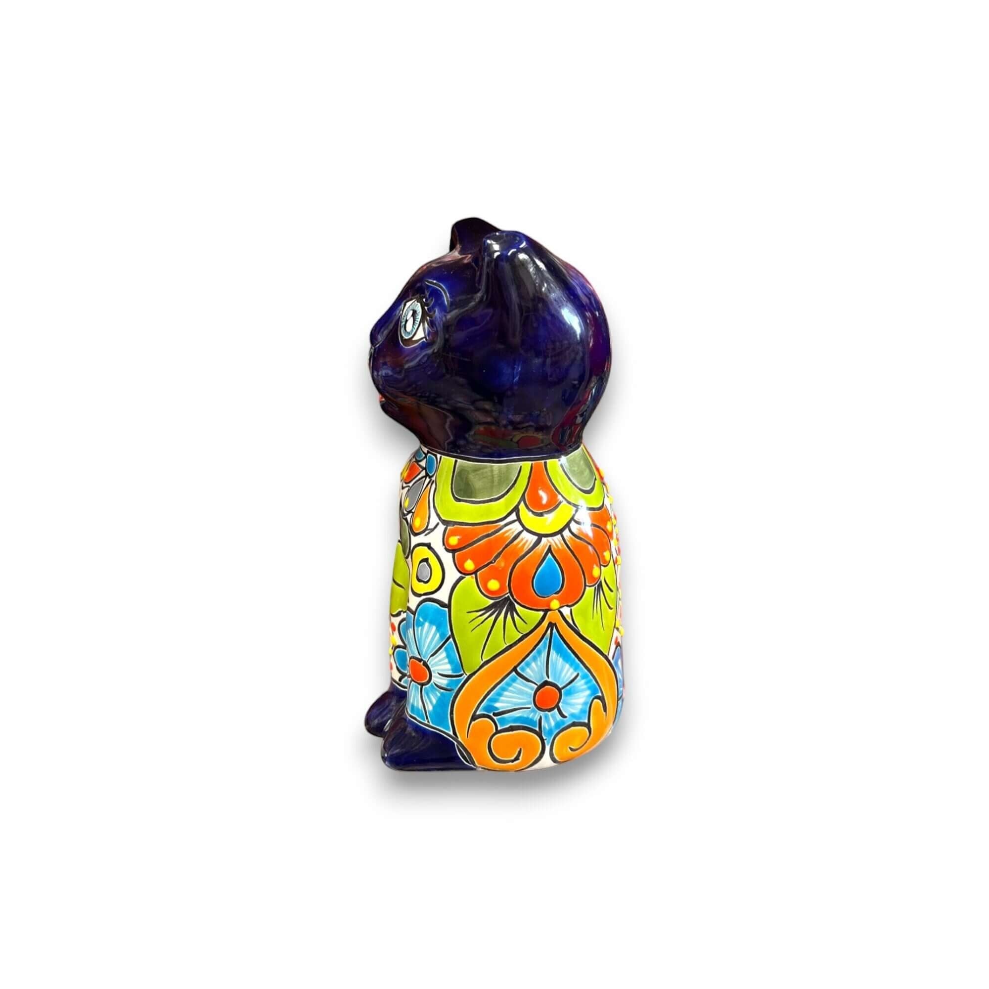 Medium Hand-Painted Talavera Cat Statue | Mexican Folk Art