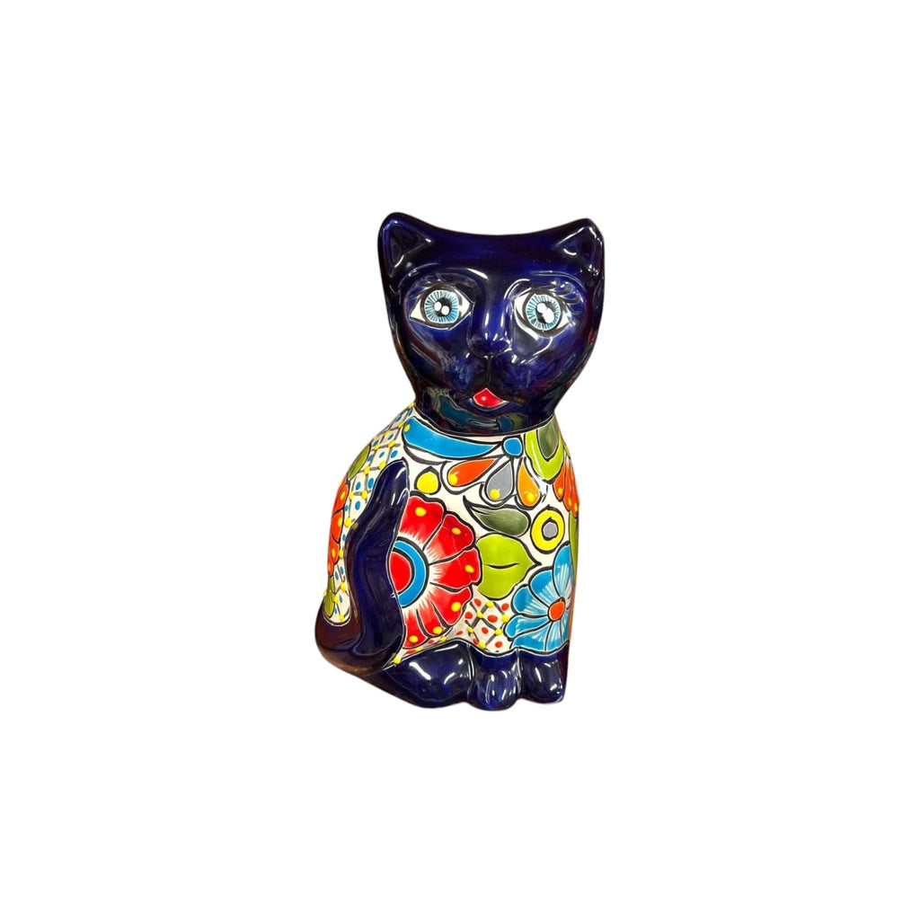 Medium Hand-Painted Talavera Cat Statue | Mexican Folk Art