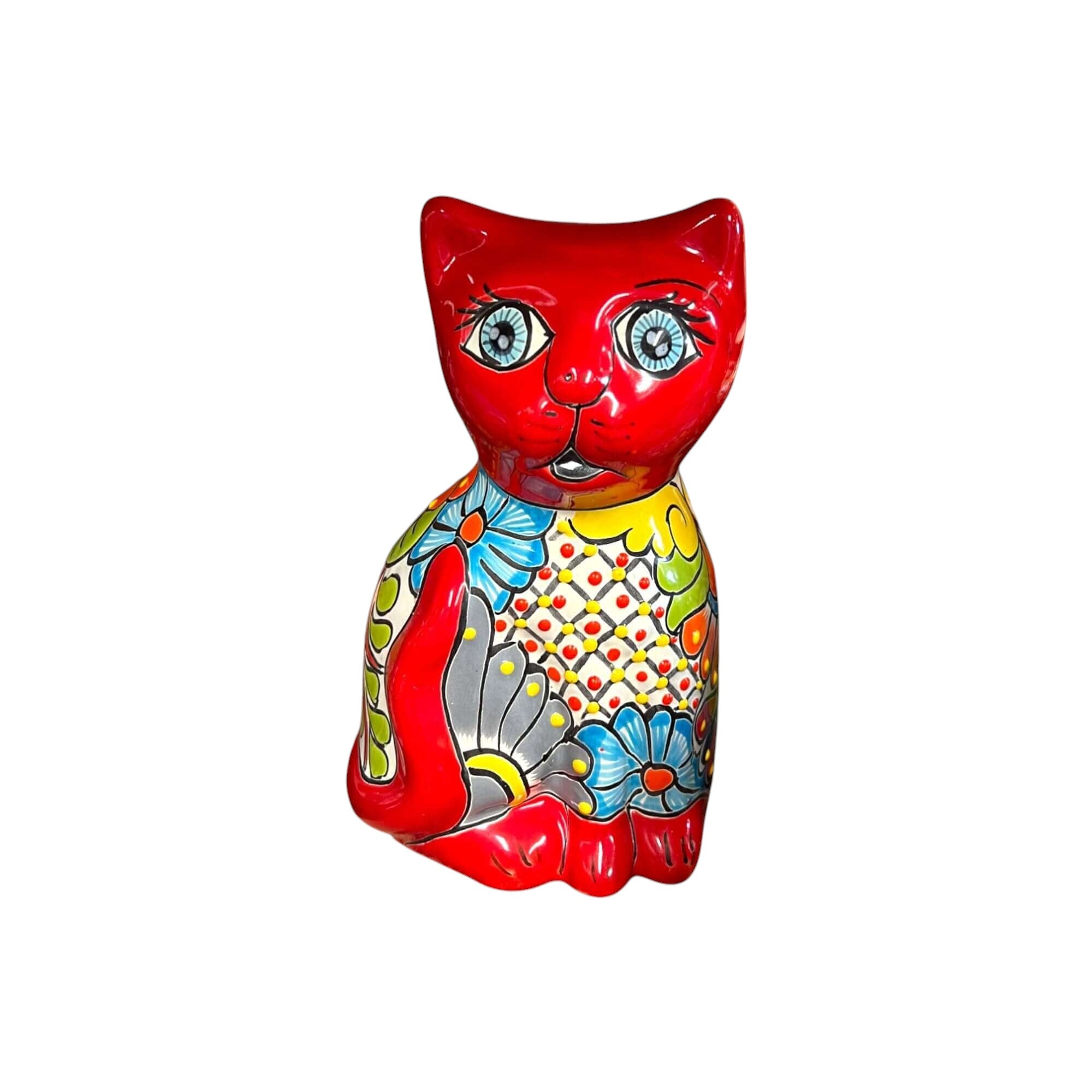 Medium Hand-Painted Talavera Cat Statue | Mexican Folk Art