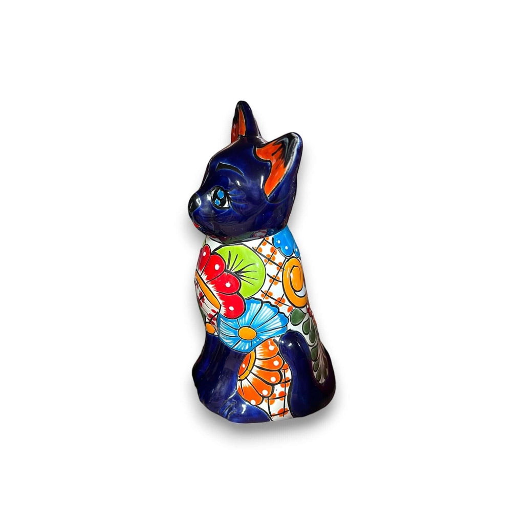 Colorful Hand-Painted Talavera Cat Statue | Mexican Folk Art Decor