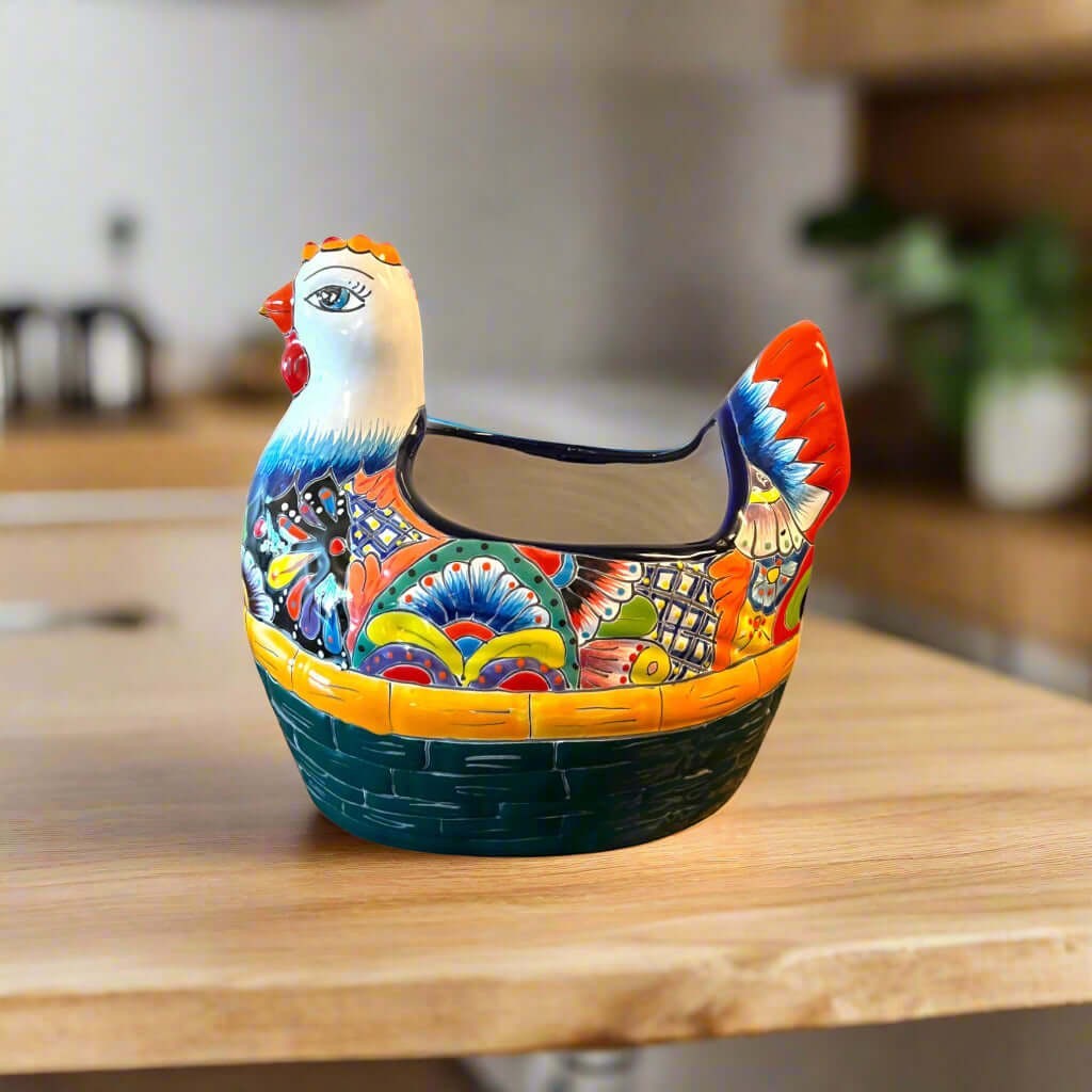 Talavera Chicken Planter | Hand-Painted Mexican Ceramic Statue