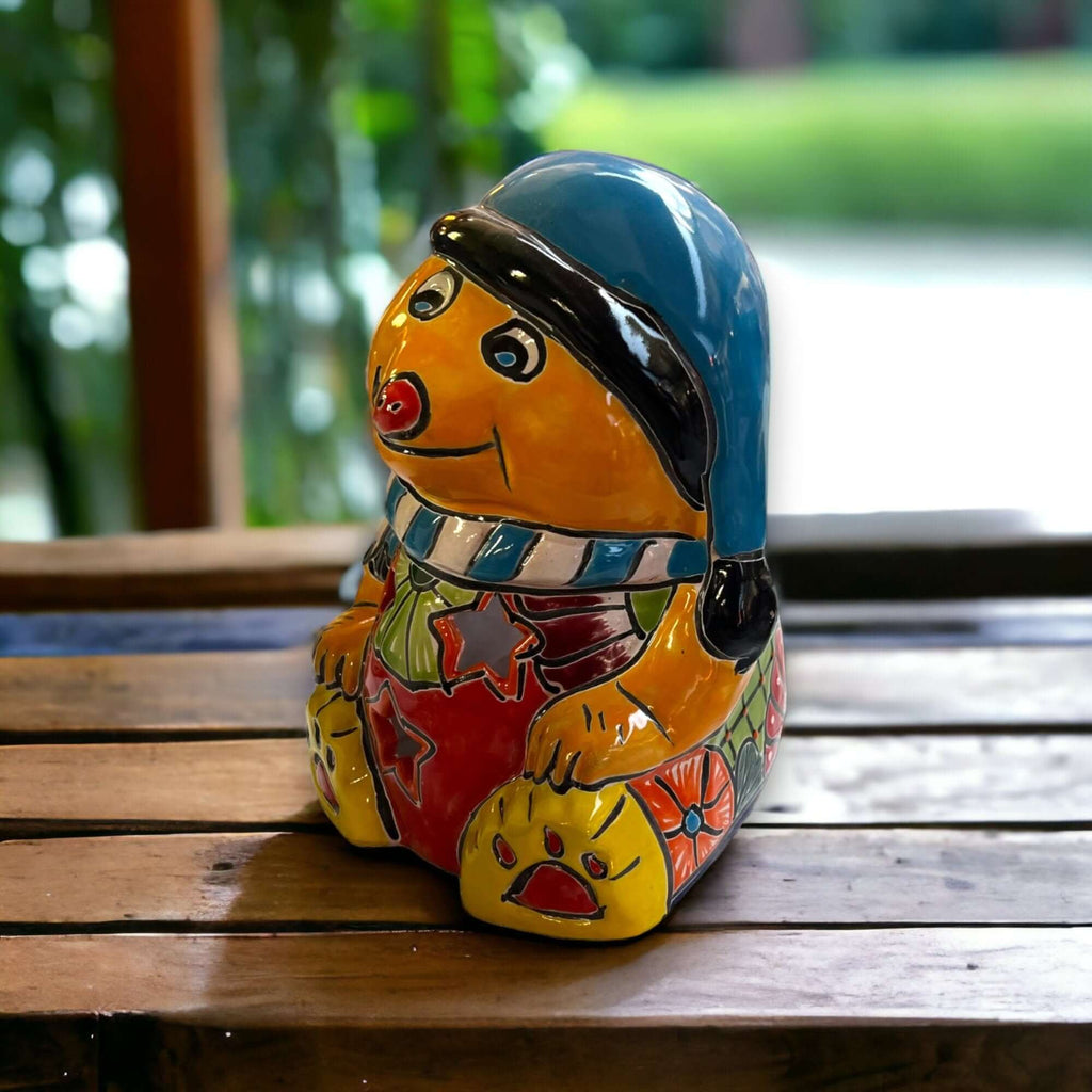 Hand-Painted Talavera Teddy Bear Statue | Festive Christmas Decor