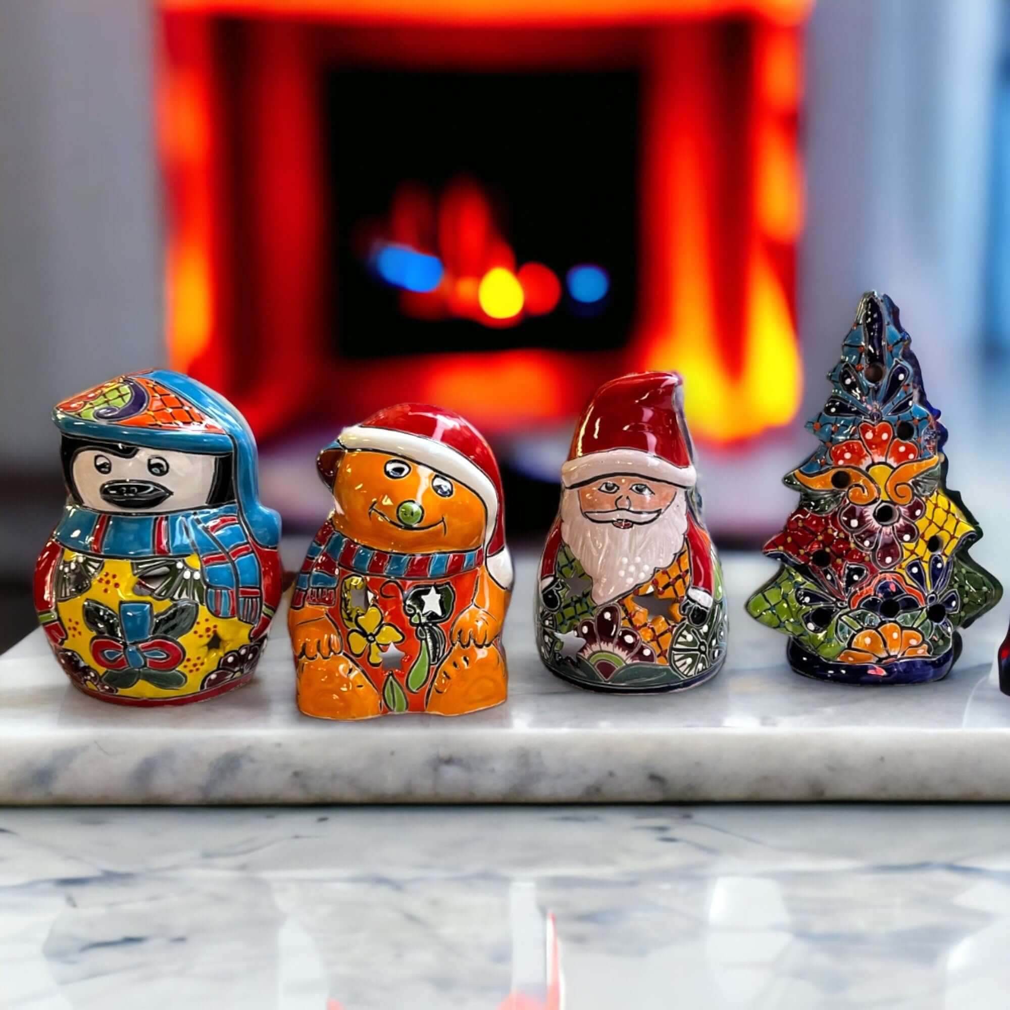 Hand-Painted Talavera Teddy Bear Statue | Festive Christmas Decor