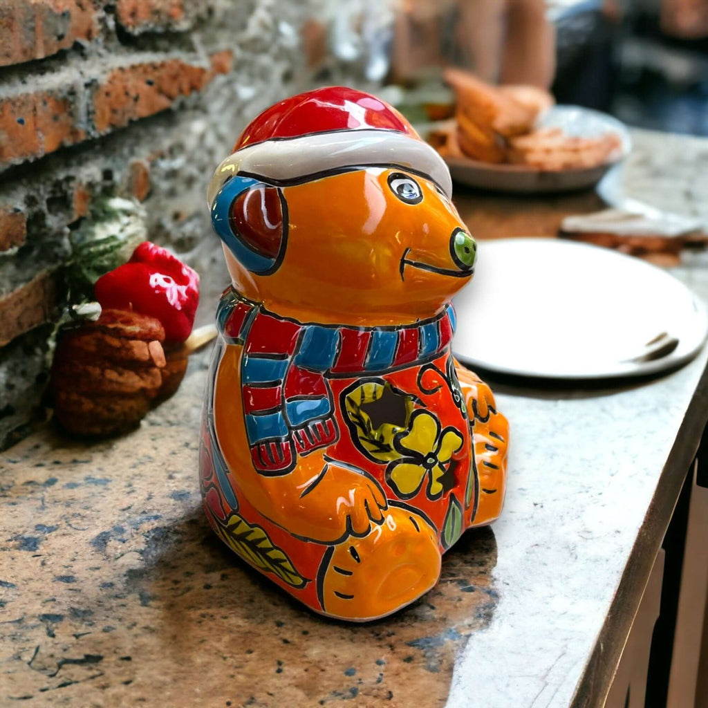 Hand-Painted Talavera Teddy Bear Statue | Festive Christmas Decor