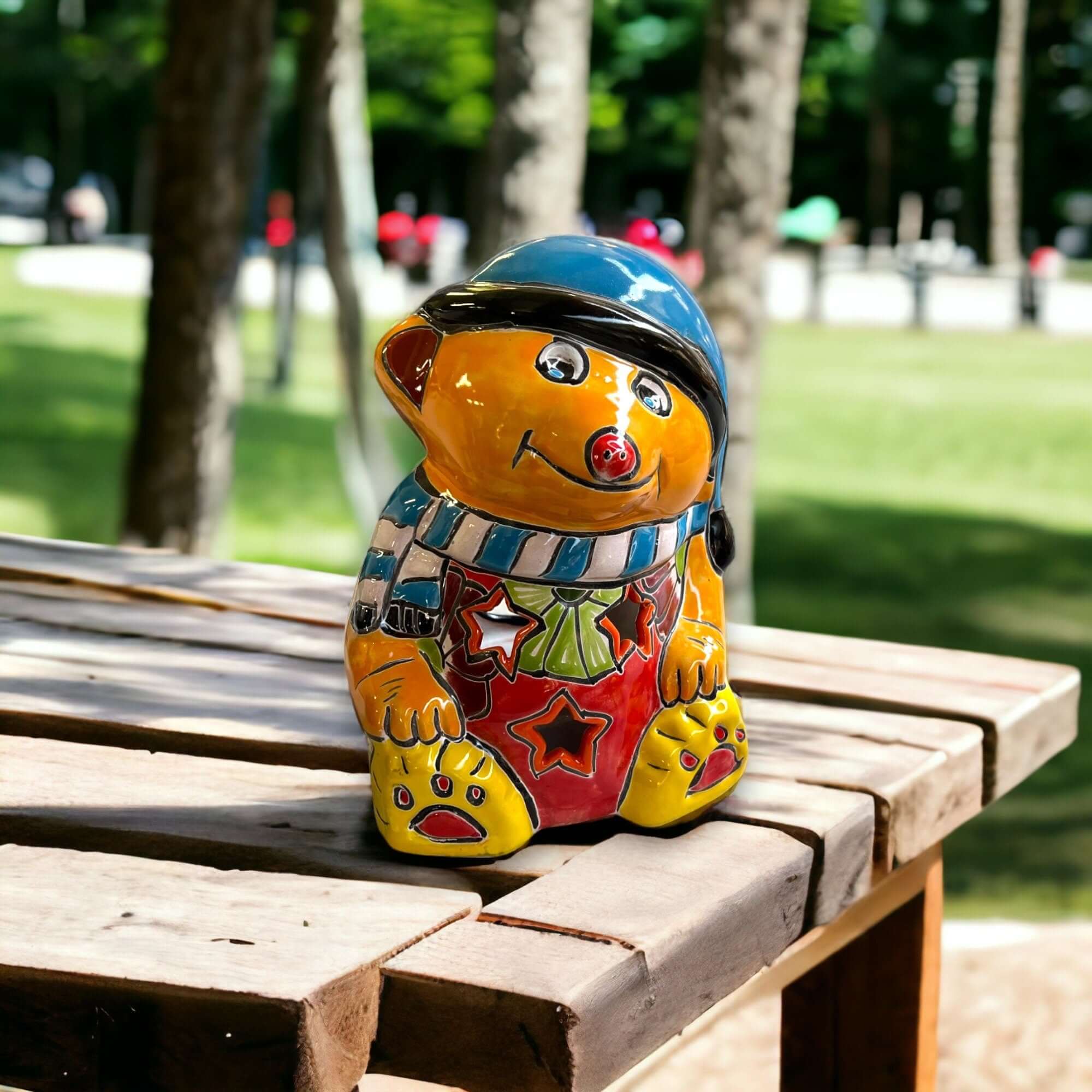 Hand-Painted Talavera Teddy Bear Statue | Festive Christmas Decor