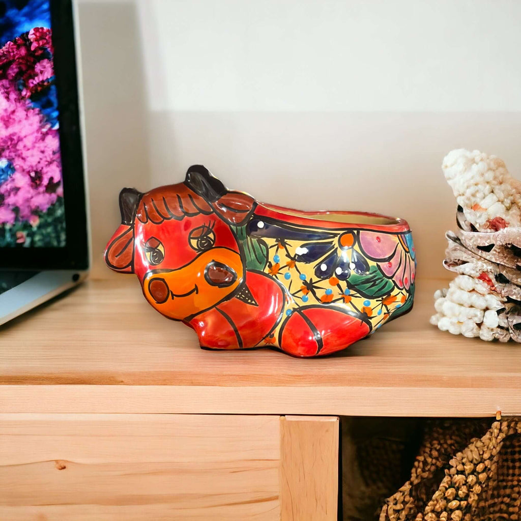 Talavera Cow Planter | Hand-Painted Mexican Ceramic Animal Pot