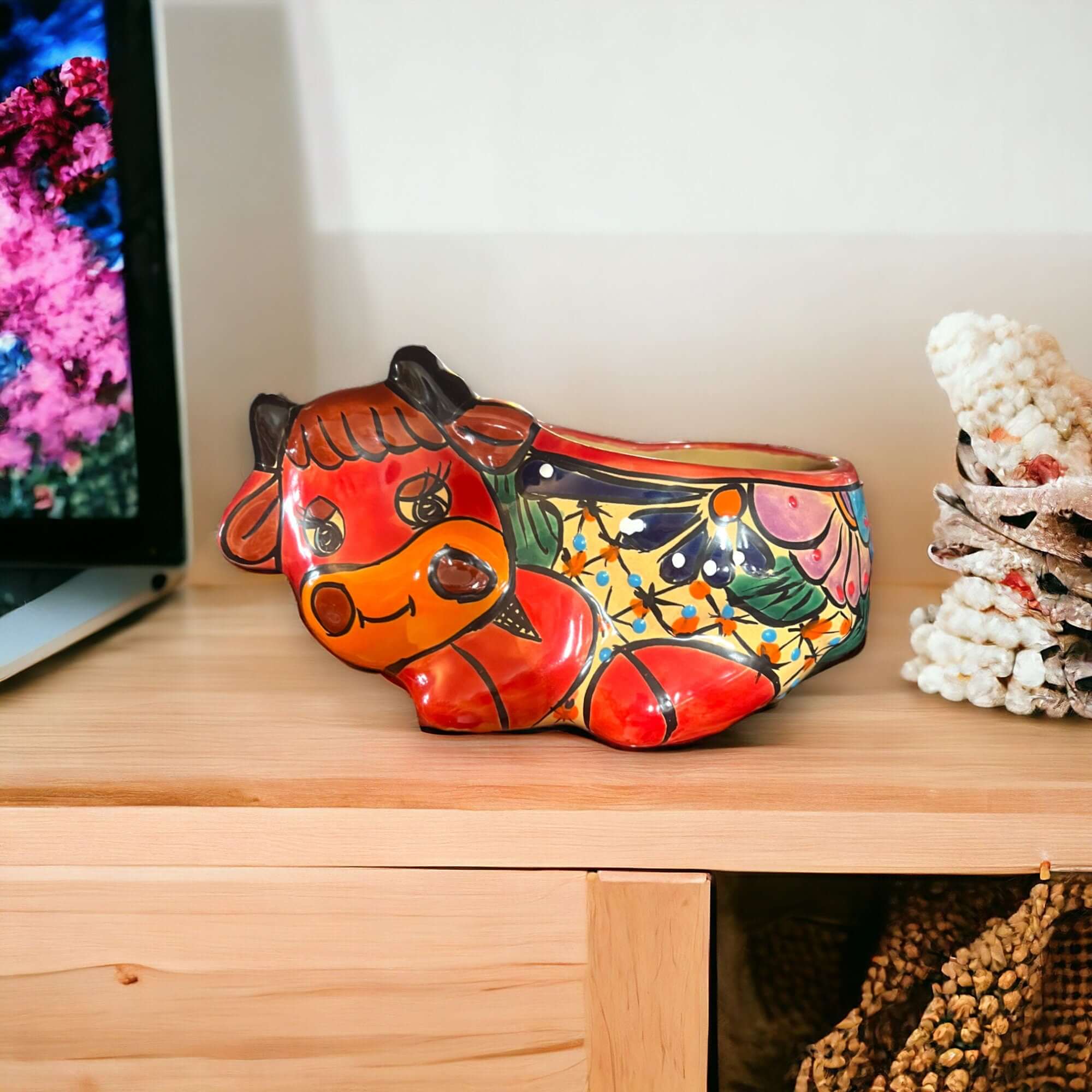 Talavera Cow Planter | Hand-Painted Mexican Ceramic Animal Pot