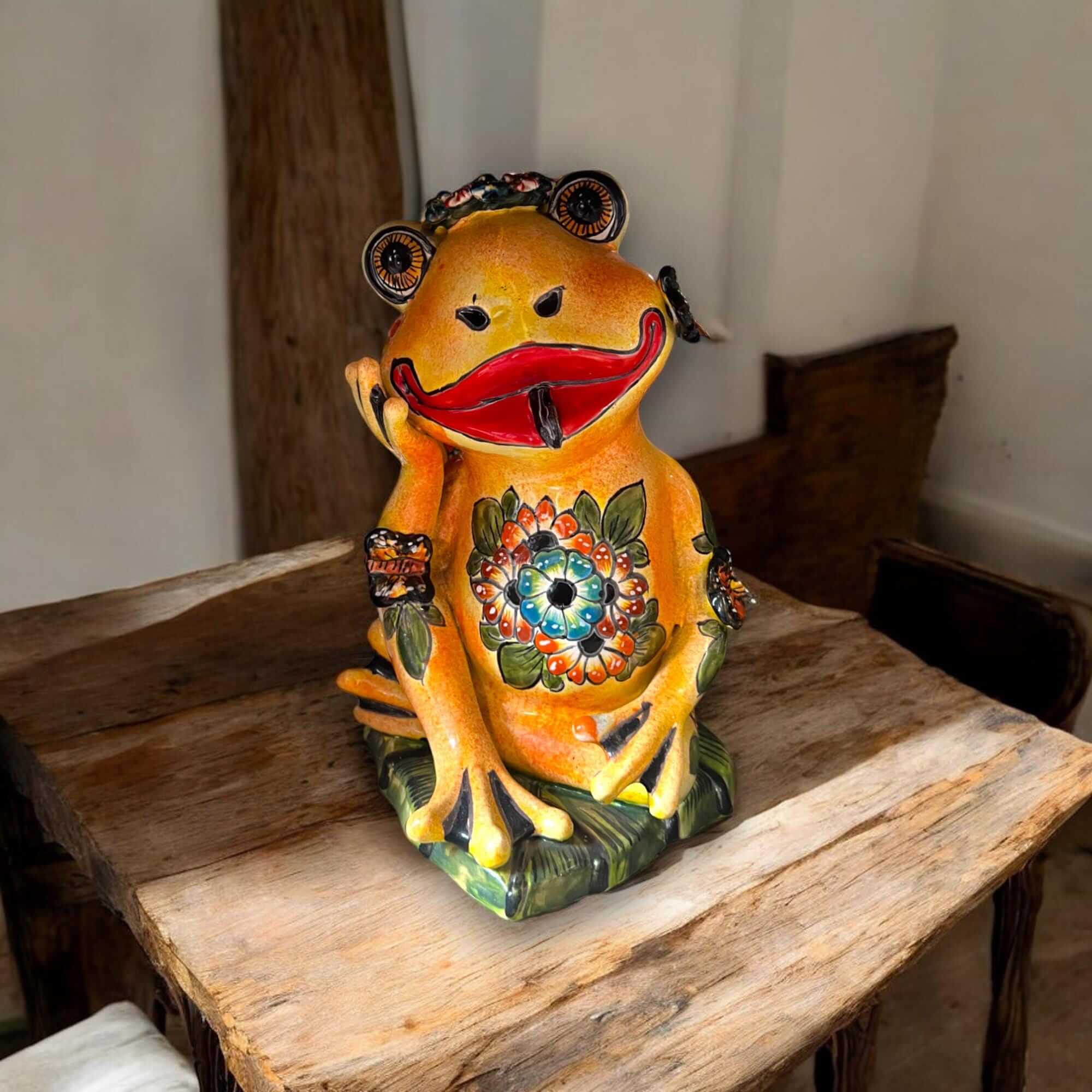 Hand-Painted Talavera Frog Statue | Mexican Ceramic Animal Decor