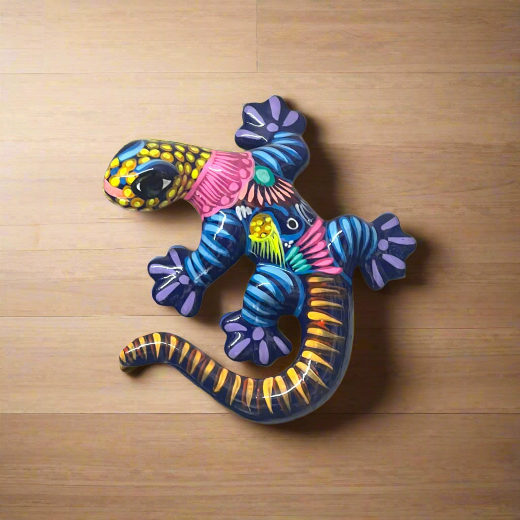 Hand-Painted Talavera Lizard Figurine | Colorful Mexican Wall Decor