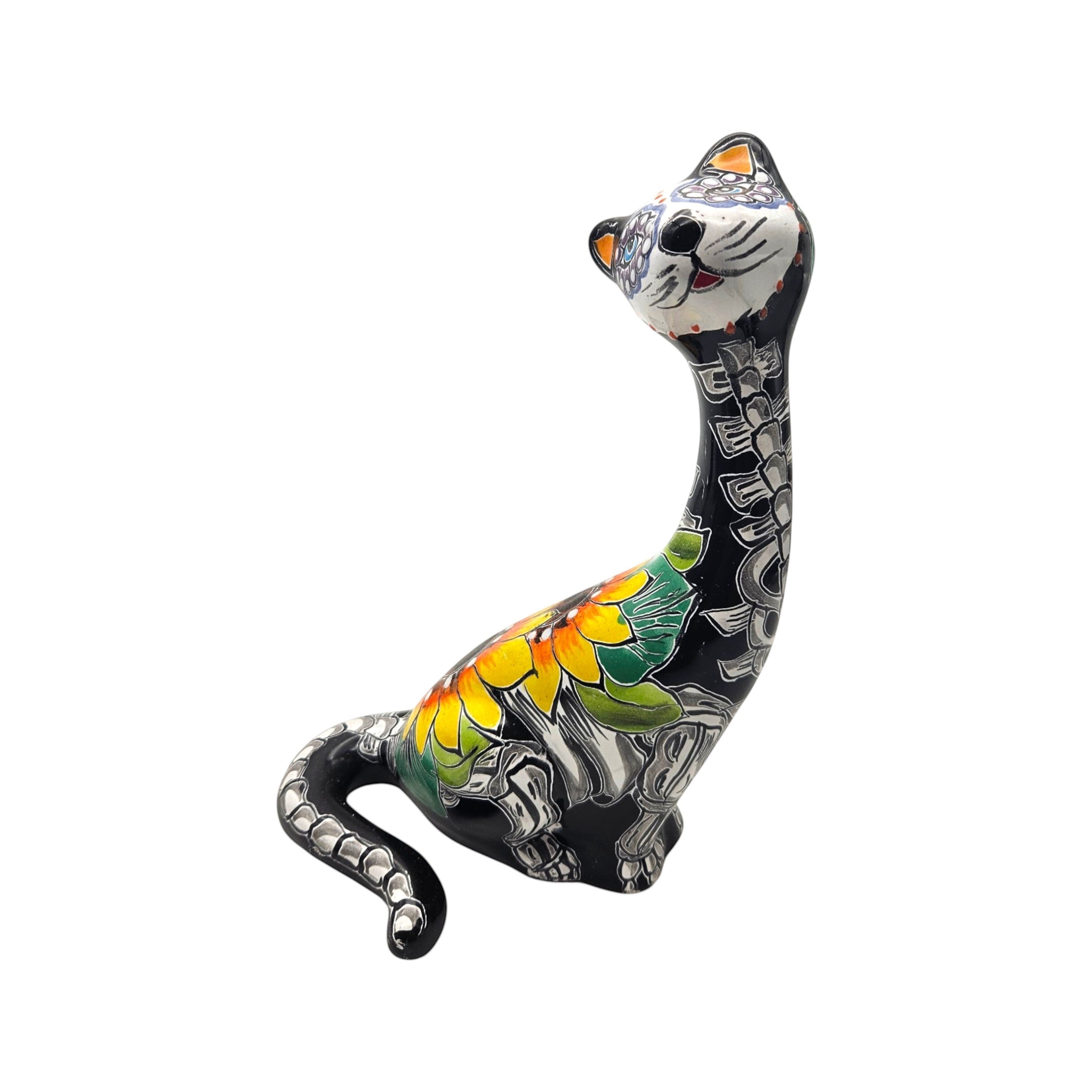 Talavera Tall Cat Figurine | Hand-Painted Day of the Dead Art