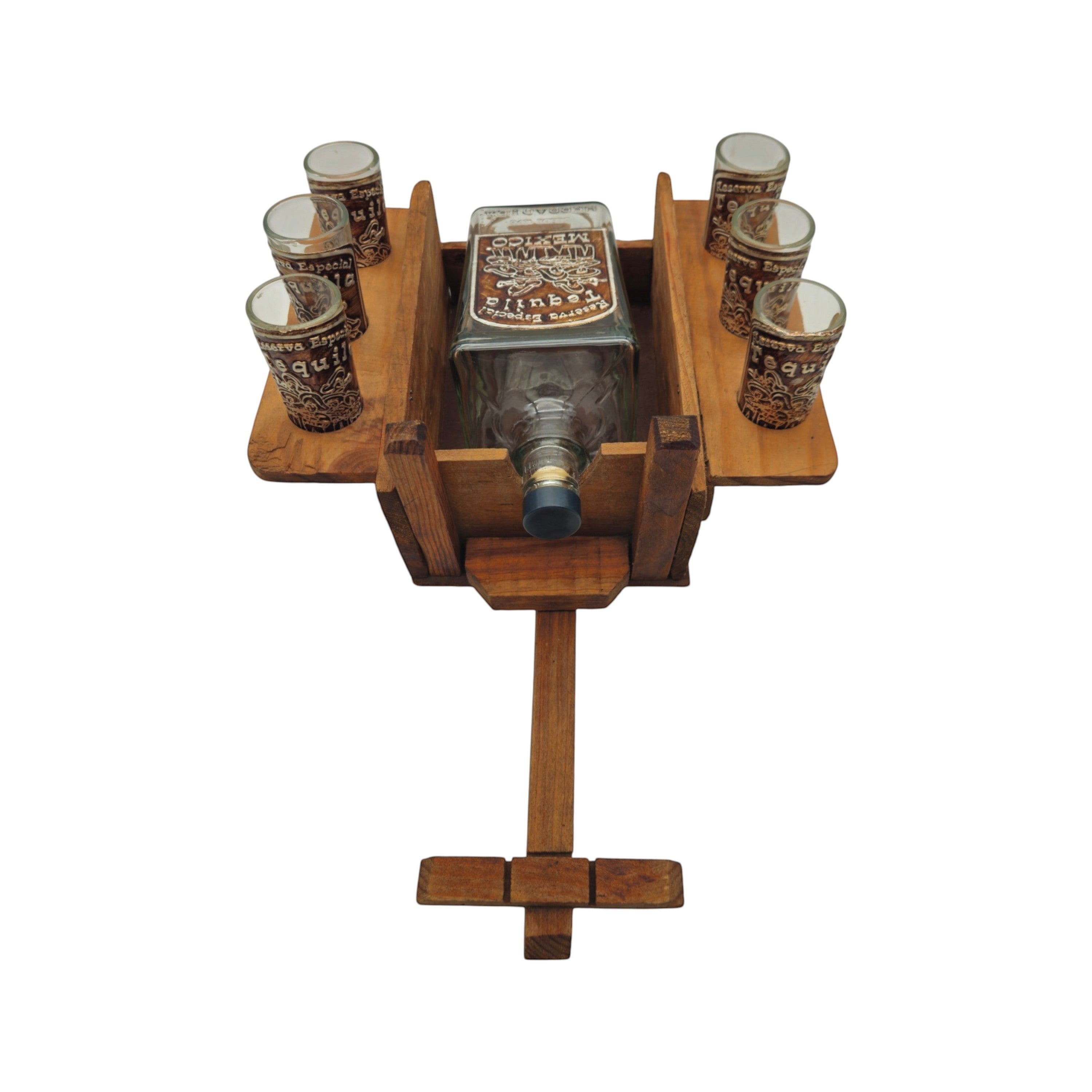Handblown Mexican Decanter Set | Rustic Wooden Wagon Display