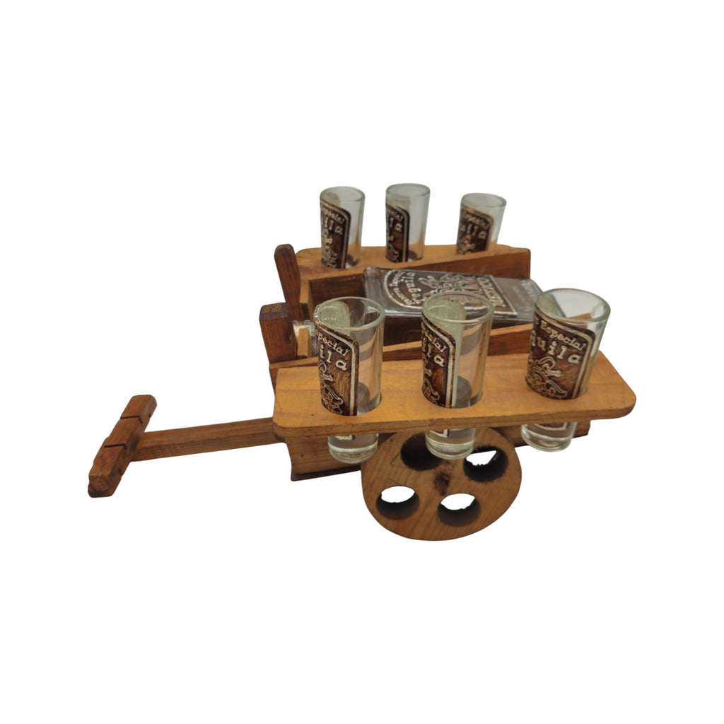 Handblown Mexican Decanter Set | Rustic Wooden Wagon Display