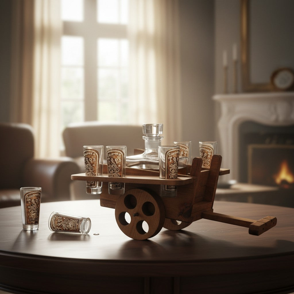 Handblown Mexican Decanter Set | Rustic Wooden Wagon Display