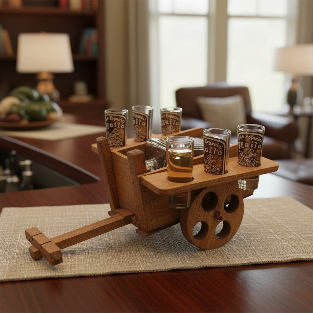 Handblown Mexican Decanter Set | Rustic Wooden Wagon Display