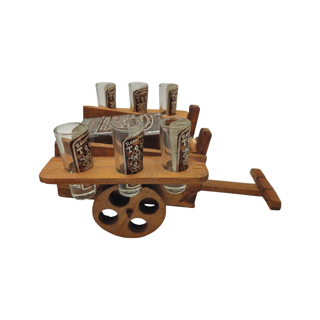 Handblown Mexican Decanter Set | Rustic Wooden Wagon Display