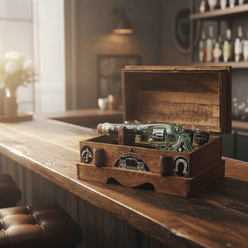 Handblown Mexican Revolver Decanter Set | Wooden Chest Display