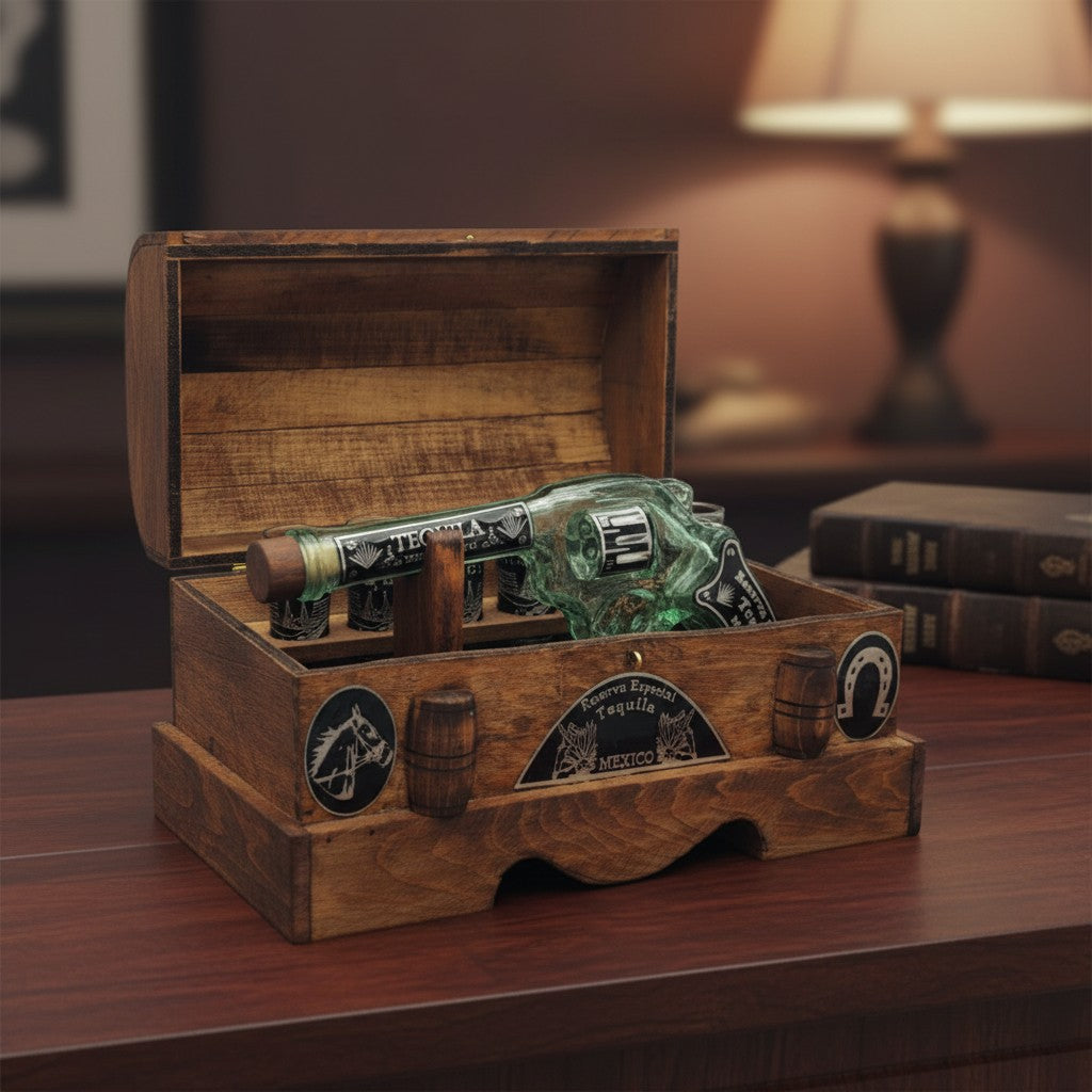 Handblown Mexican Revolver Decanter Set | Wooden Chest Display