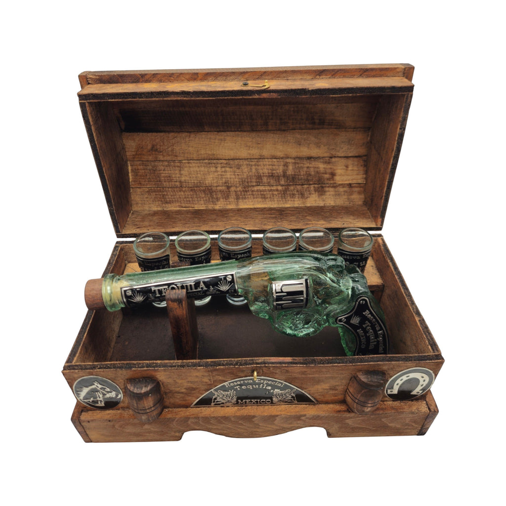 Handblown Mexican Revolver Decanter Set | Wooden Chest Display
