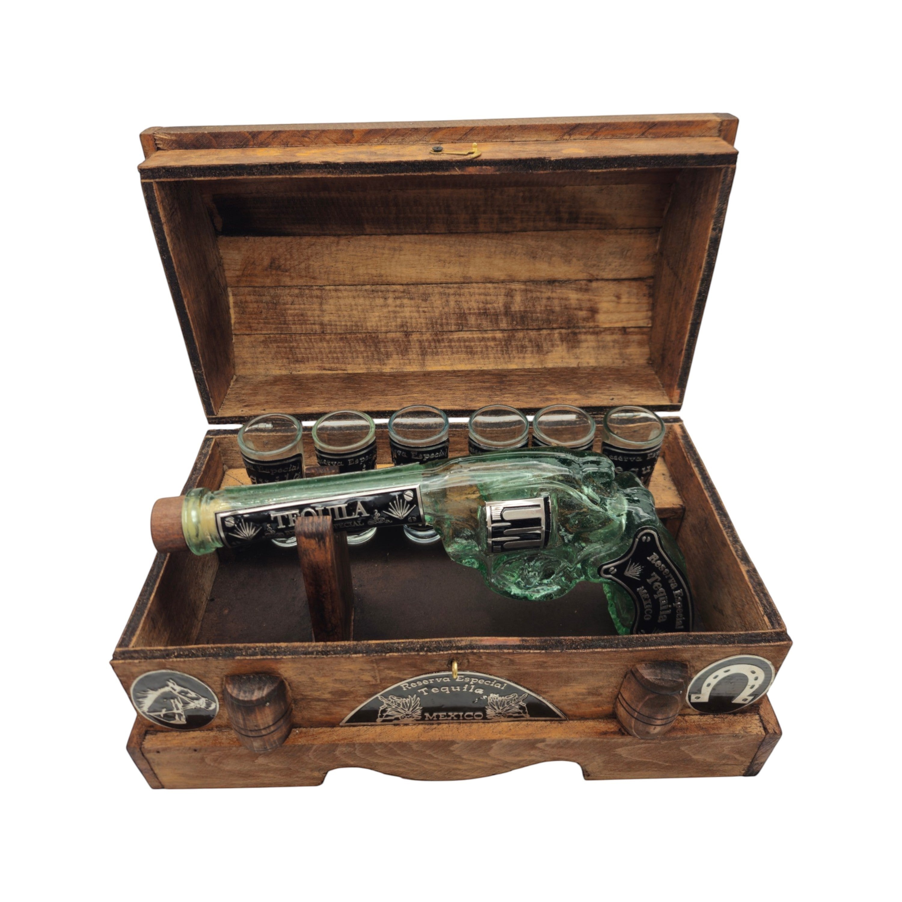 Handblown Mexican Revolver Decanter Set | Wooden Chest Display