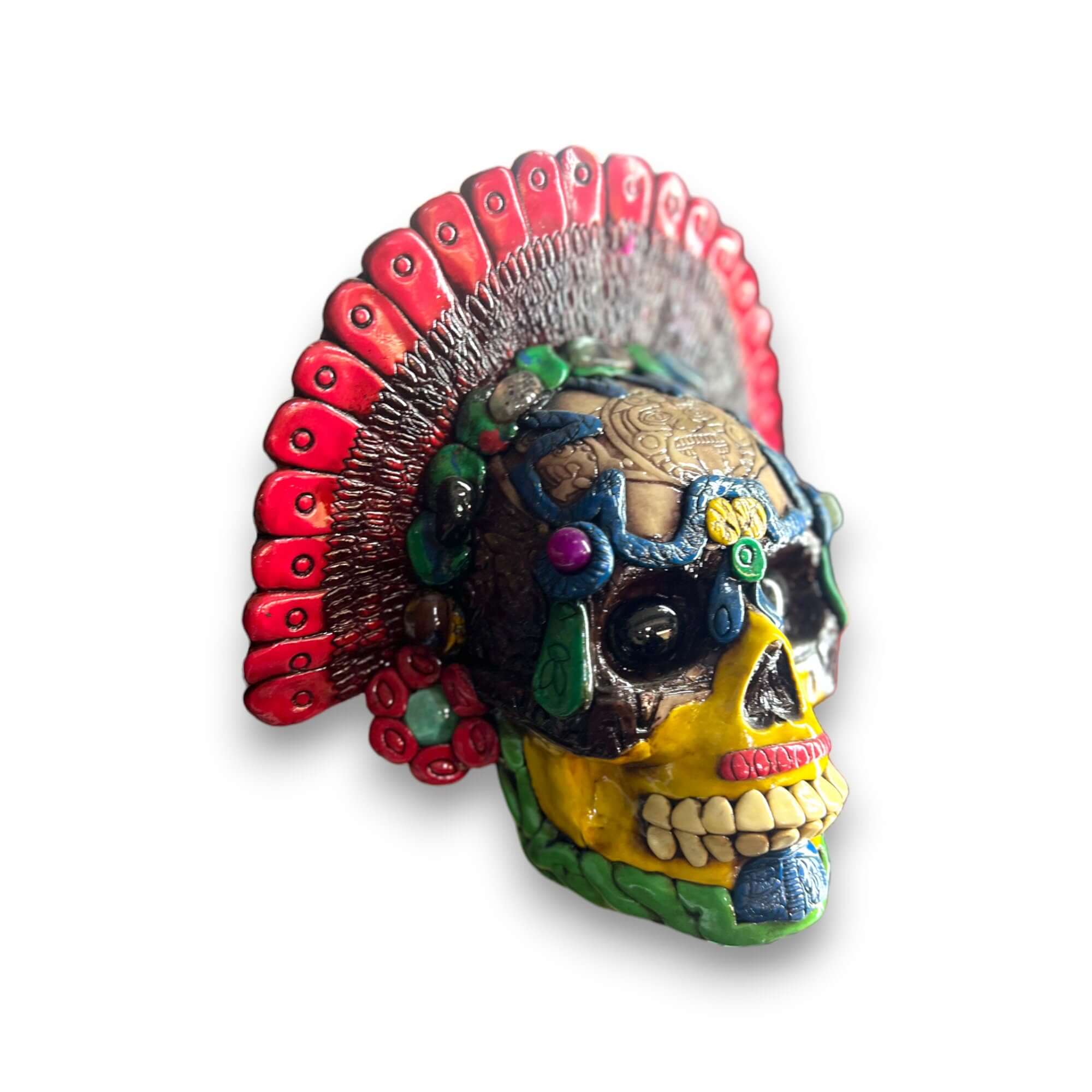 Handmade Aztec Warrior Skull Statue | Cultural Art