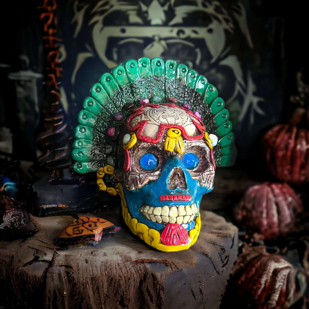 Handmade Aztec Warrior Skull Statue | Cultural Art