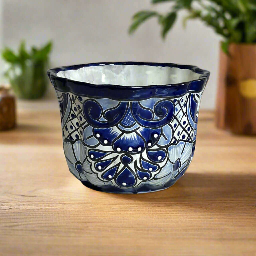 Talavera Flower Pot | Handmade Blue & White Mexican Ceramic