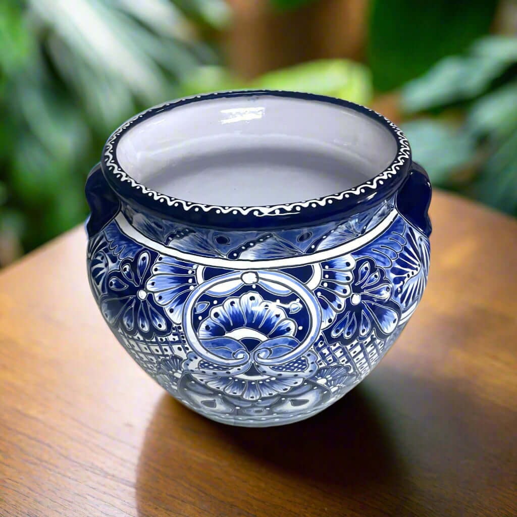Handmade Talavera Planter | Blue & White Flower Pot