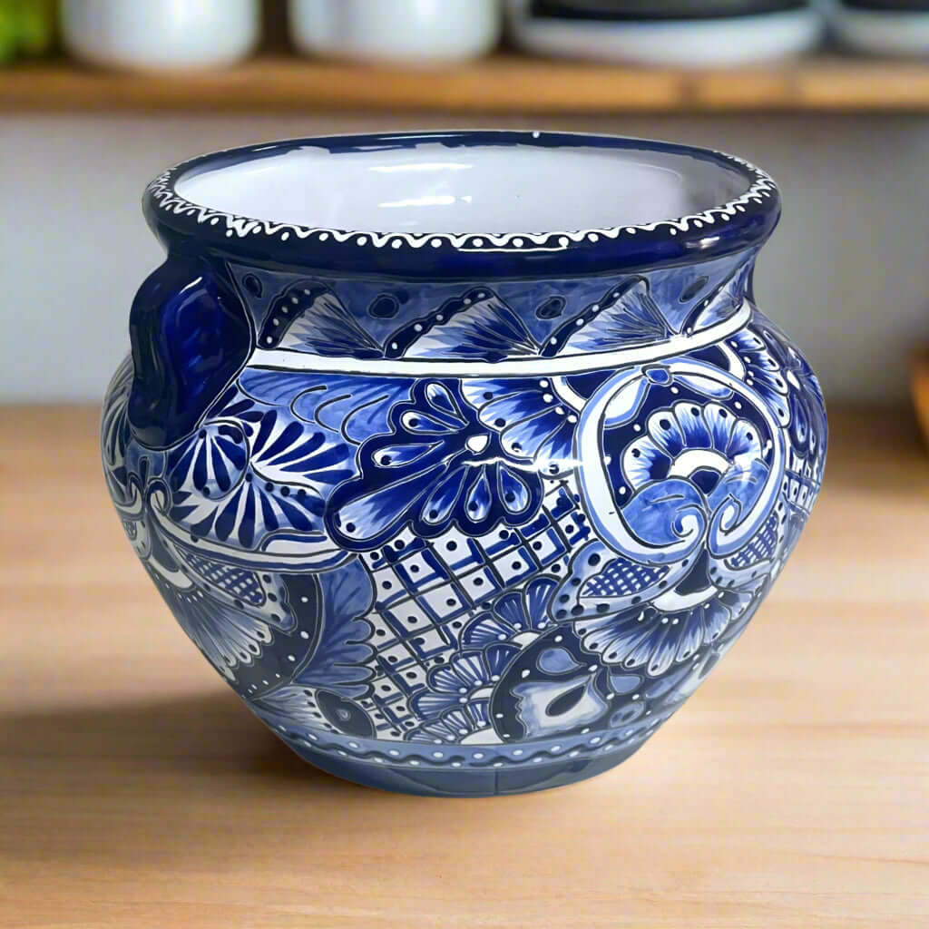 Handmade Talavera Planter | Blue & White Flower Pot