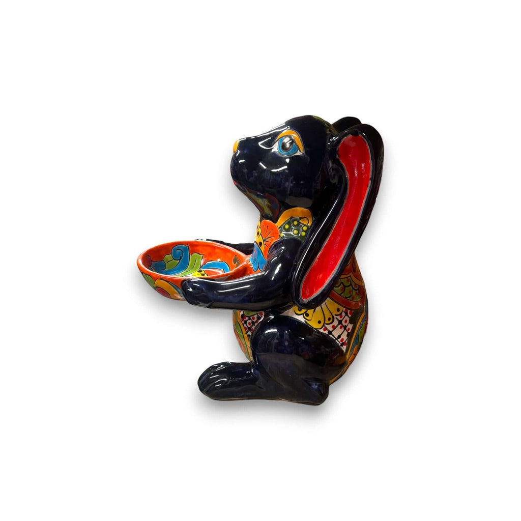 Vibrant Handmade Talavera Bunny Statue | Mexican Folk Art Feeder