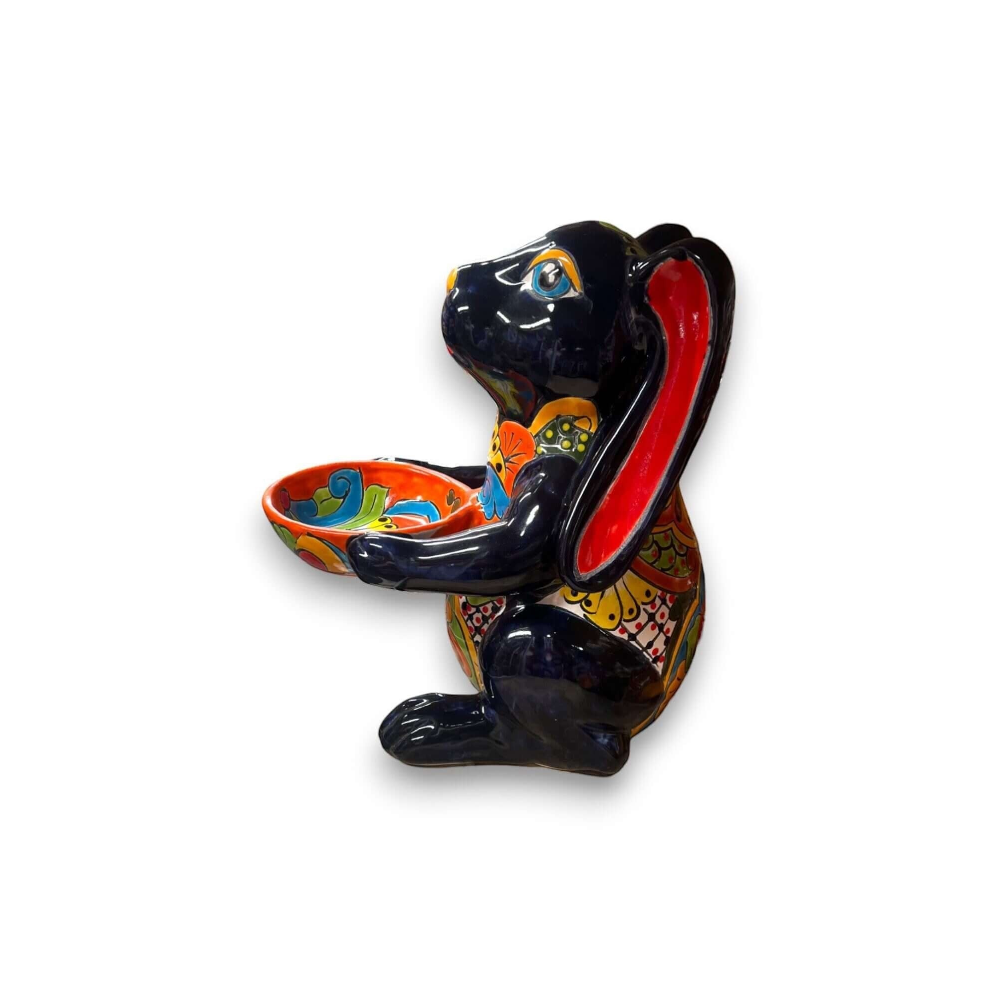 Vibrant Handmade Talavera Bunny Statue | Mexican Folk Art Feeder