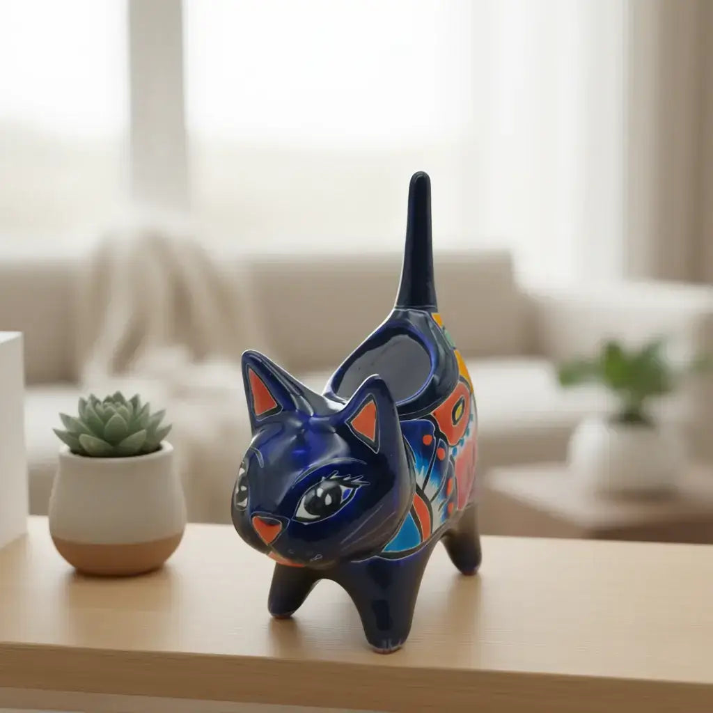 Vibrant Talavera Cat Planter | Handmade Mexican Pottery
