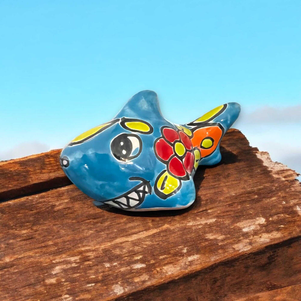 Colorful Talavera Shark Figurine | Handmade Mexican Pottery Decor