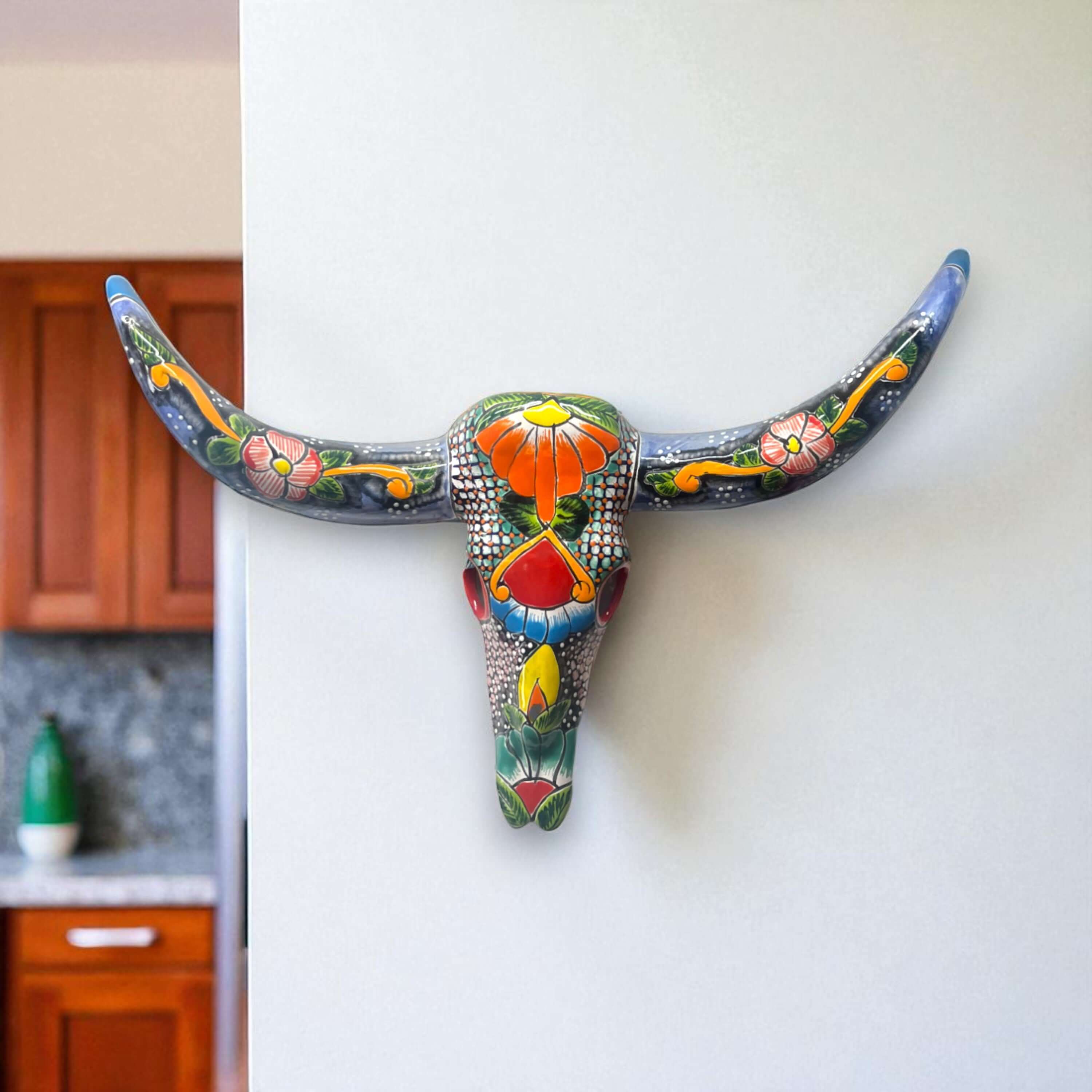 Talavera Longhorn Wall Decor | Handmade Mexican Bull Skull Art