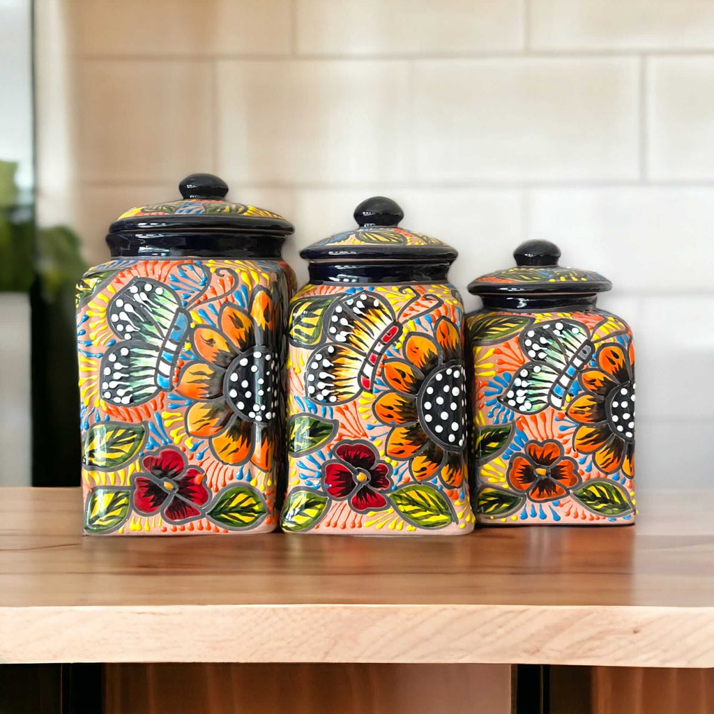 Talavera Kitchen Canister Set | Terracotta Mexican Pottery Trio