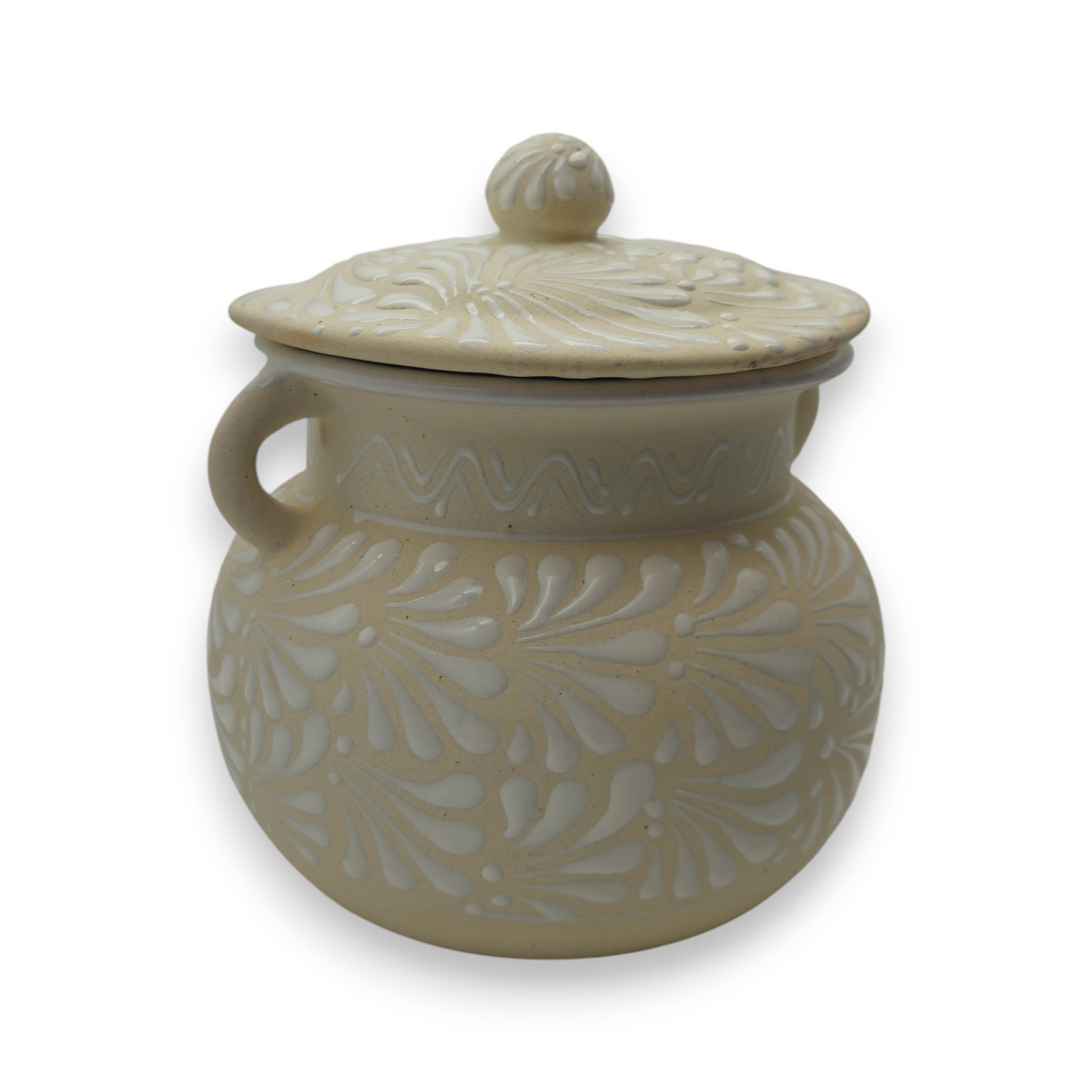 Cream Talavera Bean Pot with Lid | Handmade Mexican Clay