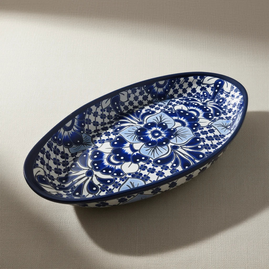 Handmade Talavera Oval Platter | Blue & White Mexican Art