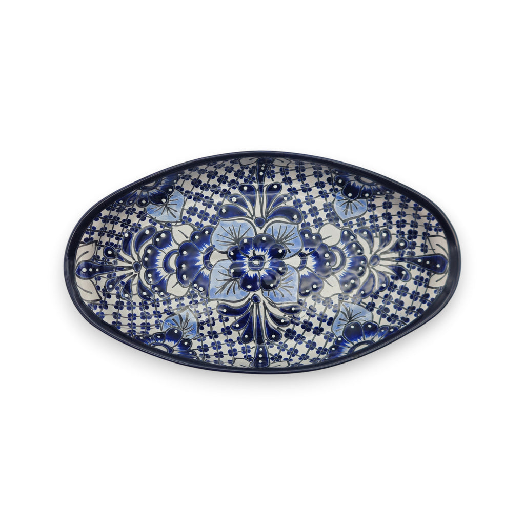 Handmade Talavera Oval Platter | Blue & White Mexican Art