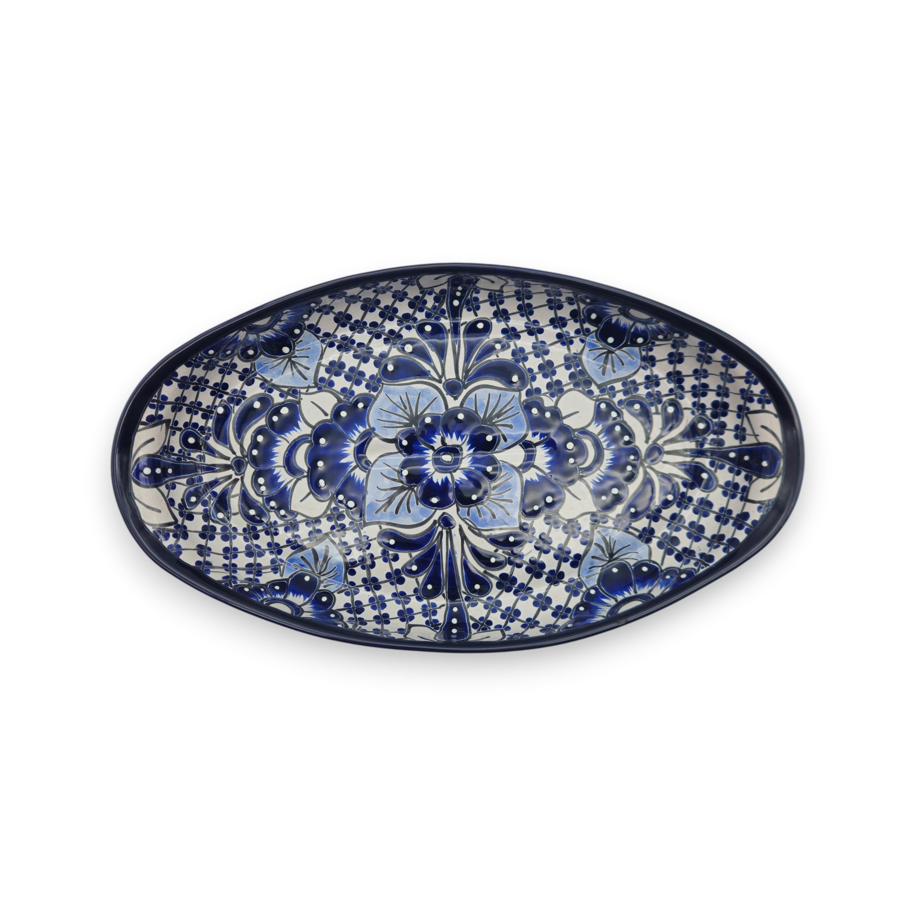 Handmade Talavera Oval Platter | Blue & White Mexican Art