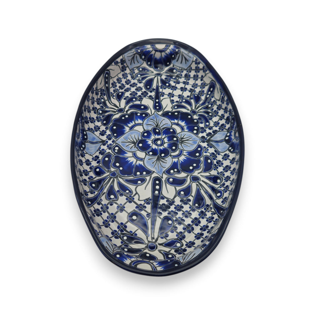Handmade Talavera Oval Platter | Blue & White Mexican Art