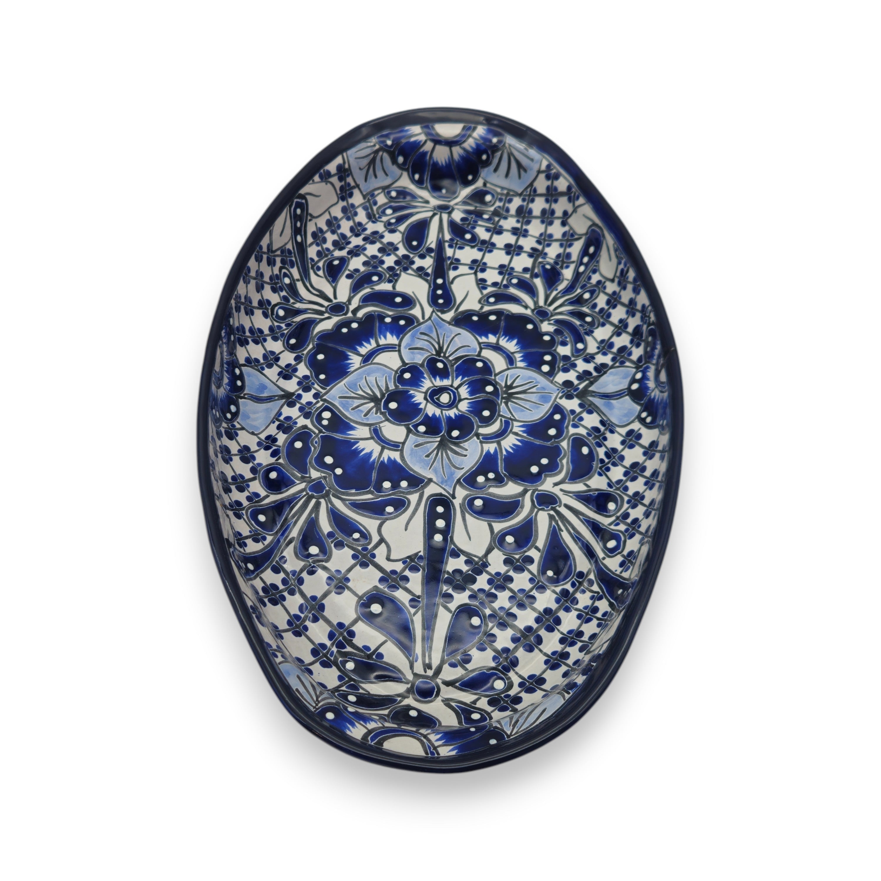 Handmade Talavera Oval Platter | Blue & White Mexican Art