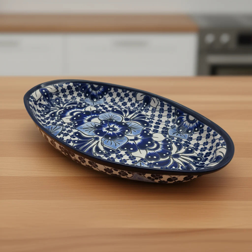 Handmade Talavera Oval Platter | Blue & White Mexican Art
