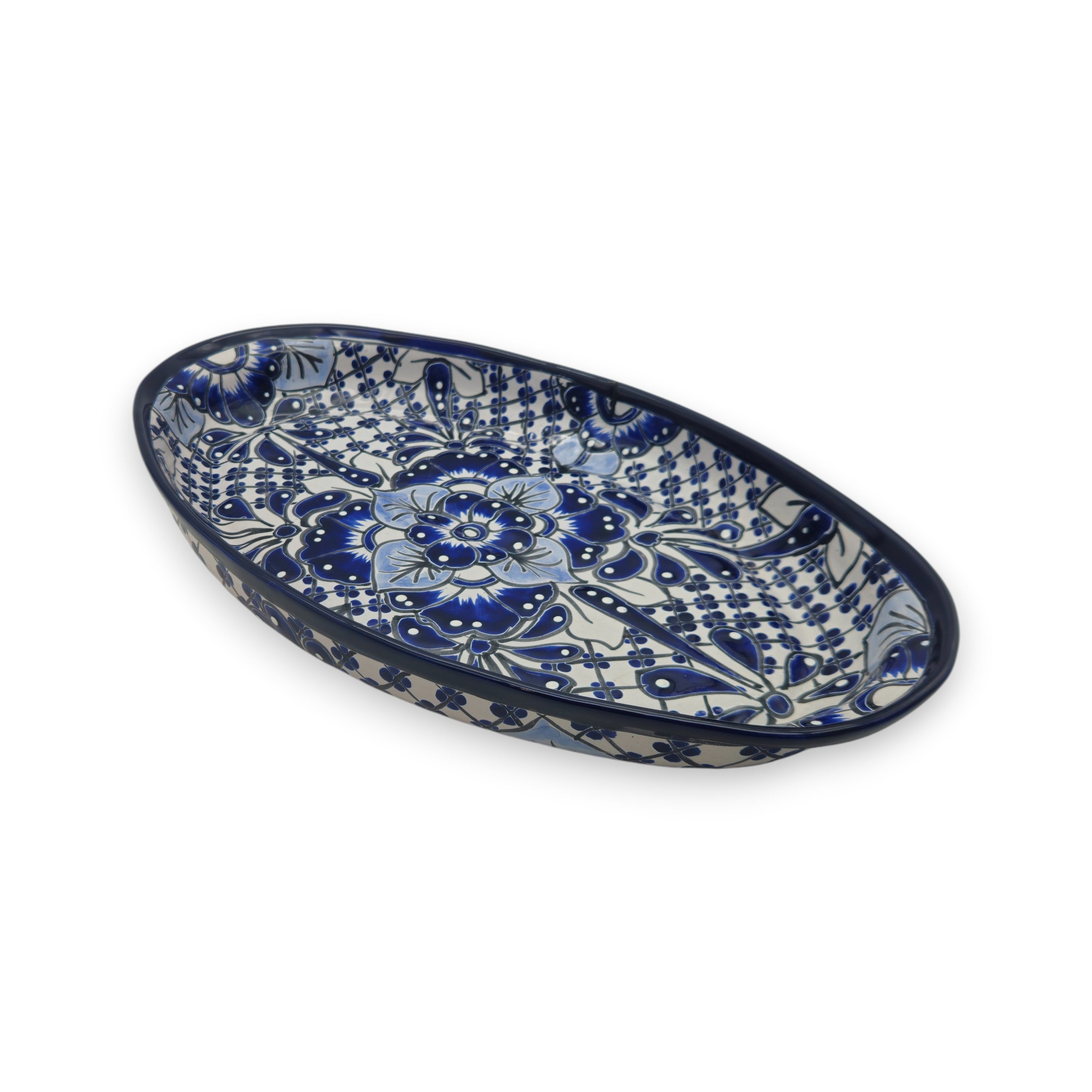 Handmade Talavera Oval Platter | Blue & White Mexican Art