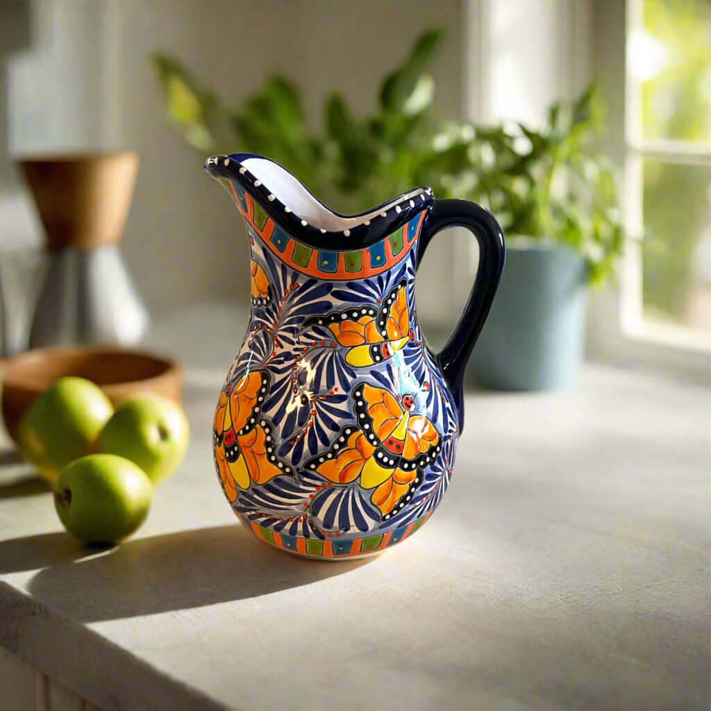 Blue Monarch Talavera Pitcher Set | Mexican Ceramic Drinkware
