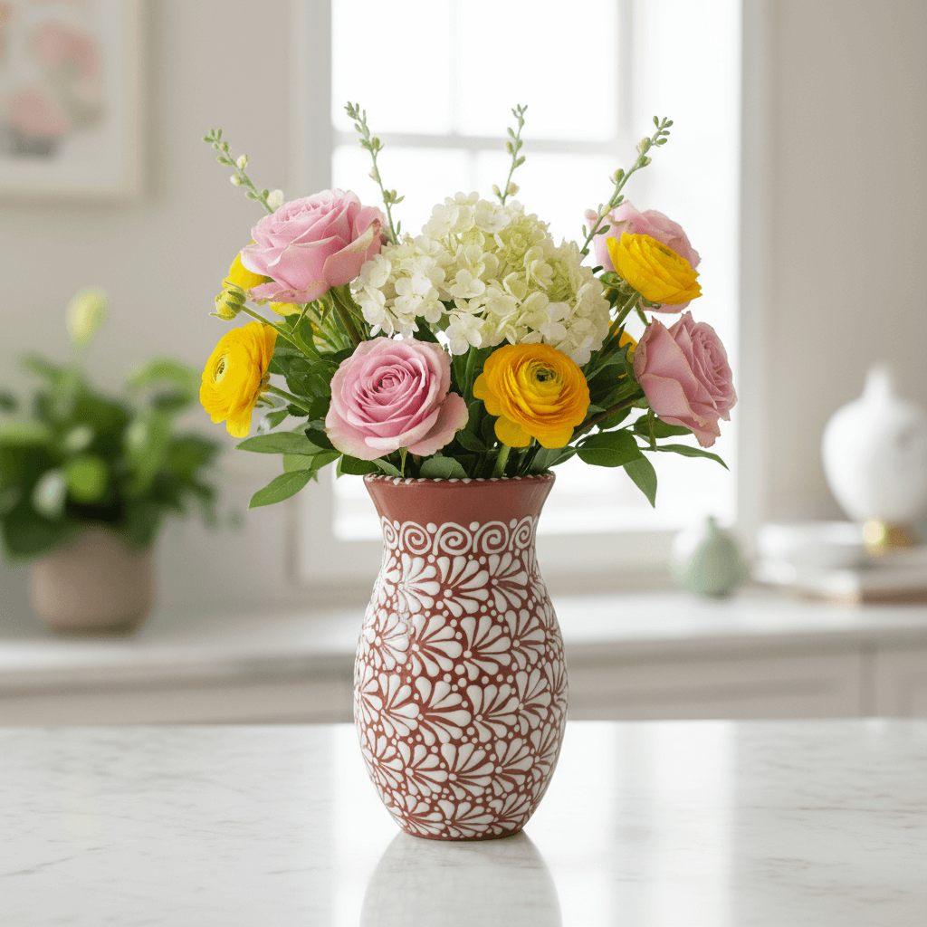 Handmade Talavera Vase | Brown & White Relief Pottery
