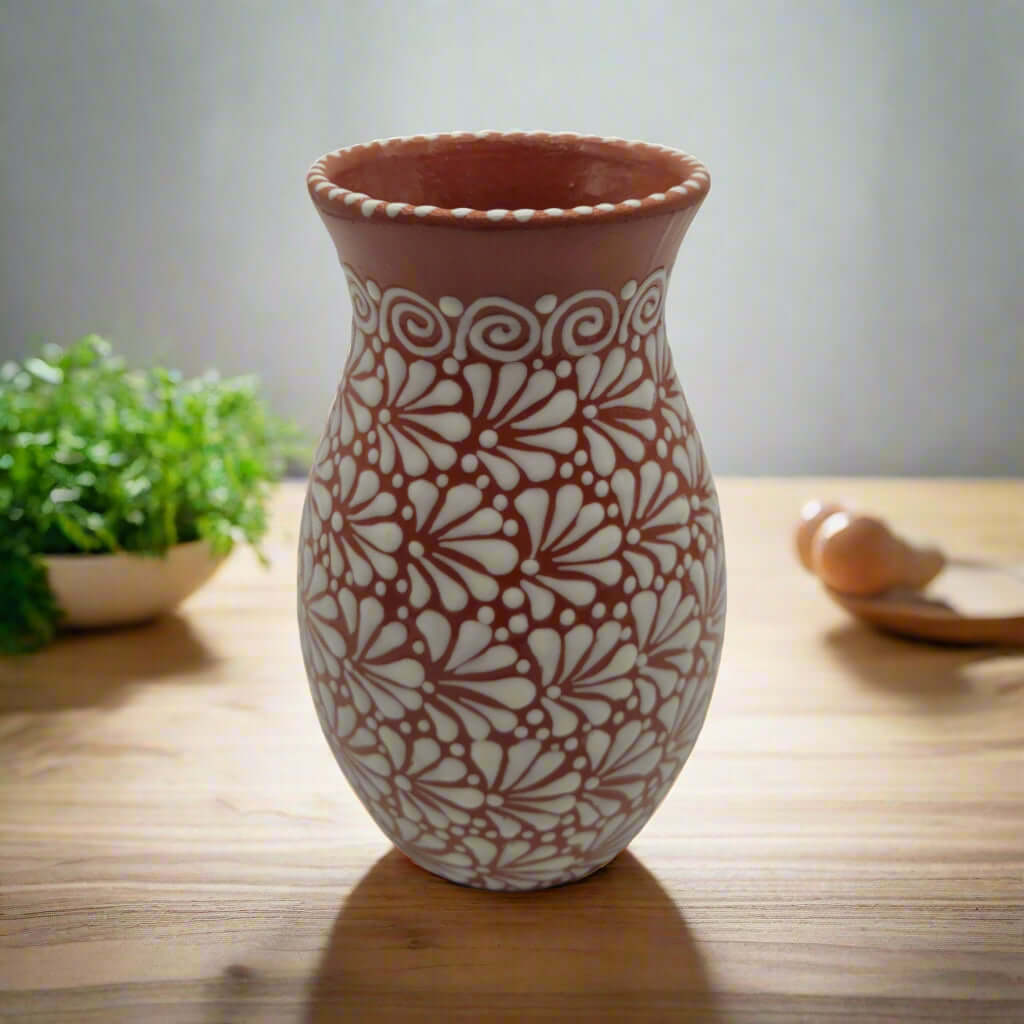 Handmade Talavera Vase | Brown & White Relief Pottery