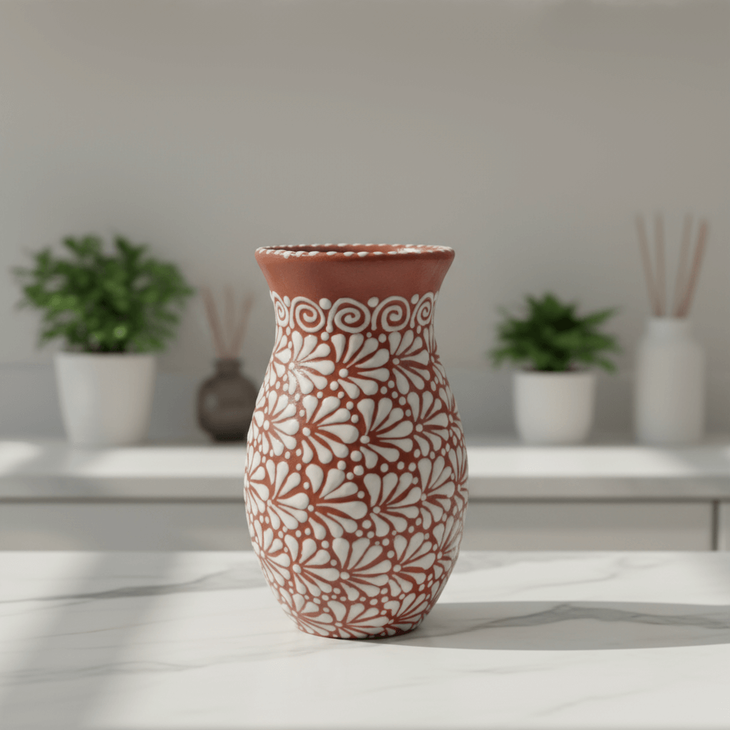Handmade Talavera Vase | Brown & White Relief Pottery