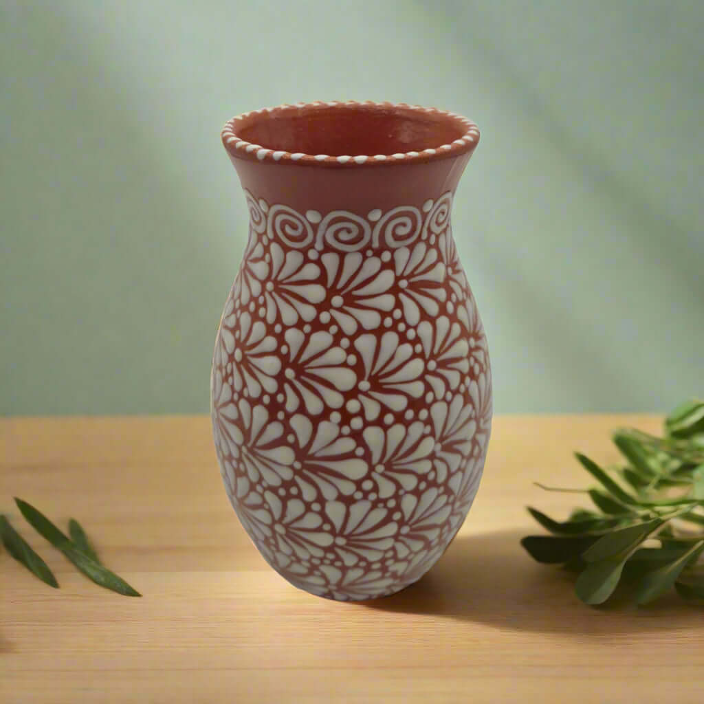 Handmade Talavera Vase | Brown & White Relief Pottery