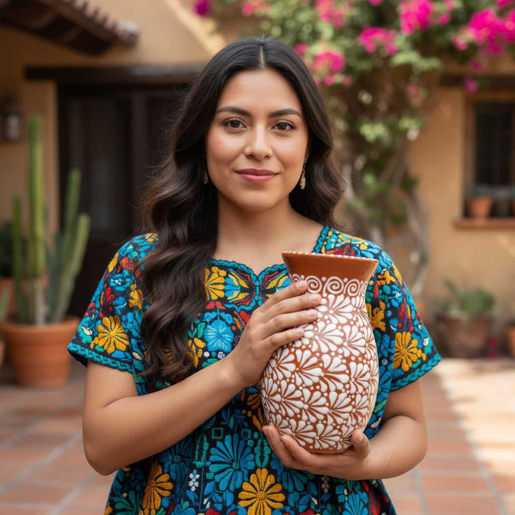 Handmade Talavera Vase | Brown & White Relief Pottery