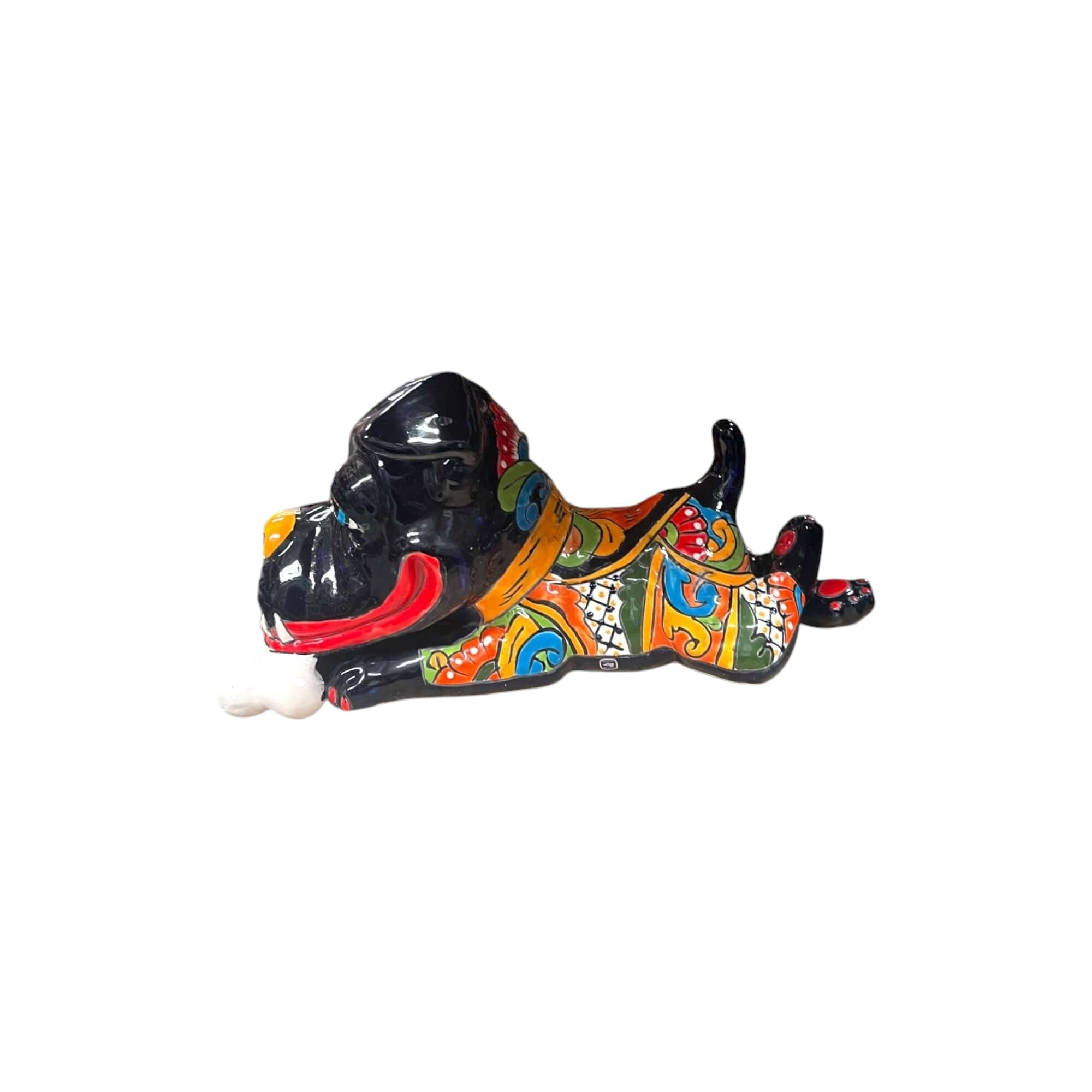 Large Hand-Painted Talavera Ceramic Laying Dog Decor with Bone