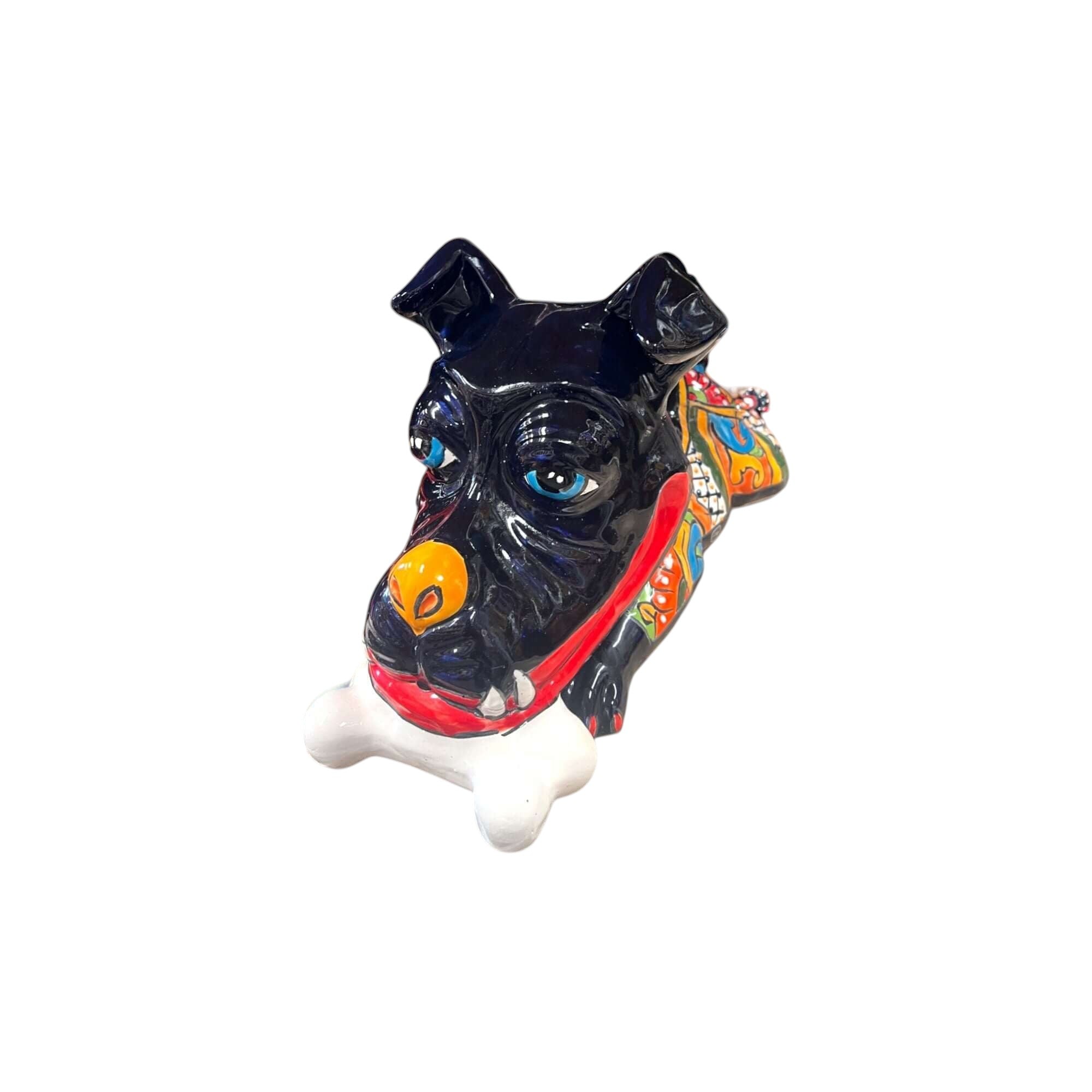 Large Hand-Painted Talavera Ceramic Laying Dog Decor with Bone